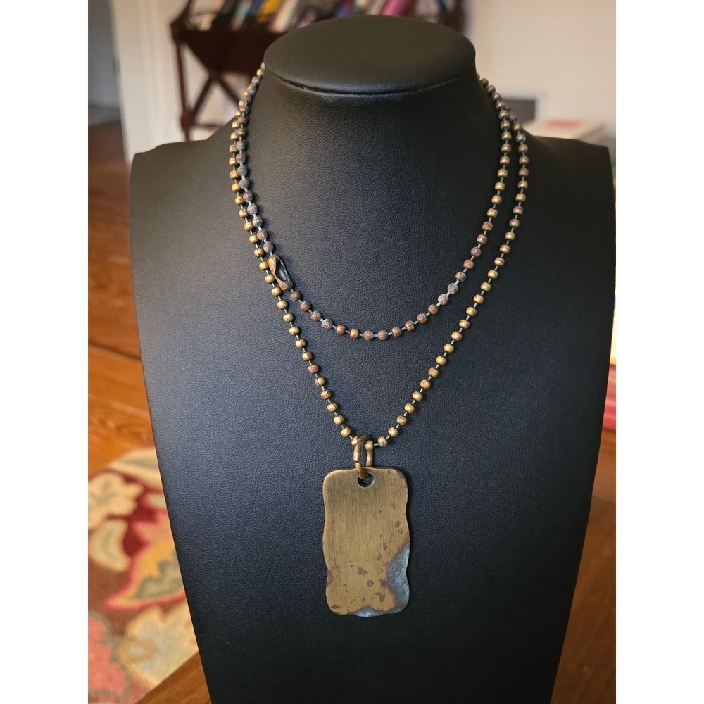 Artisan Hand-Cut Solid Brass/Copper Wavy Dog Tag Pendant Necklace Steampunk